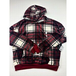 Harper & Ivy Womens Plaid Fleece Pullover Hoodie Pockets Logo Burgundy XL